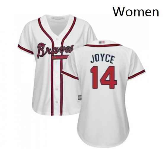 Womens Atlanta Braves 14 Matt Joyce Replica White Home Cool Base Baseball Jersey